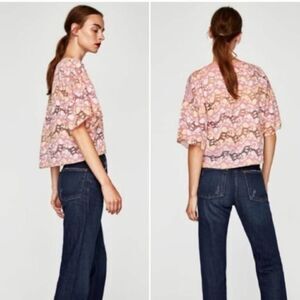 Zara W&B Pink Lace Crop Top Bell Sleeve Sheer Floral Medium